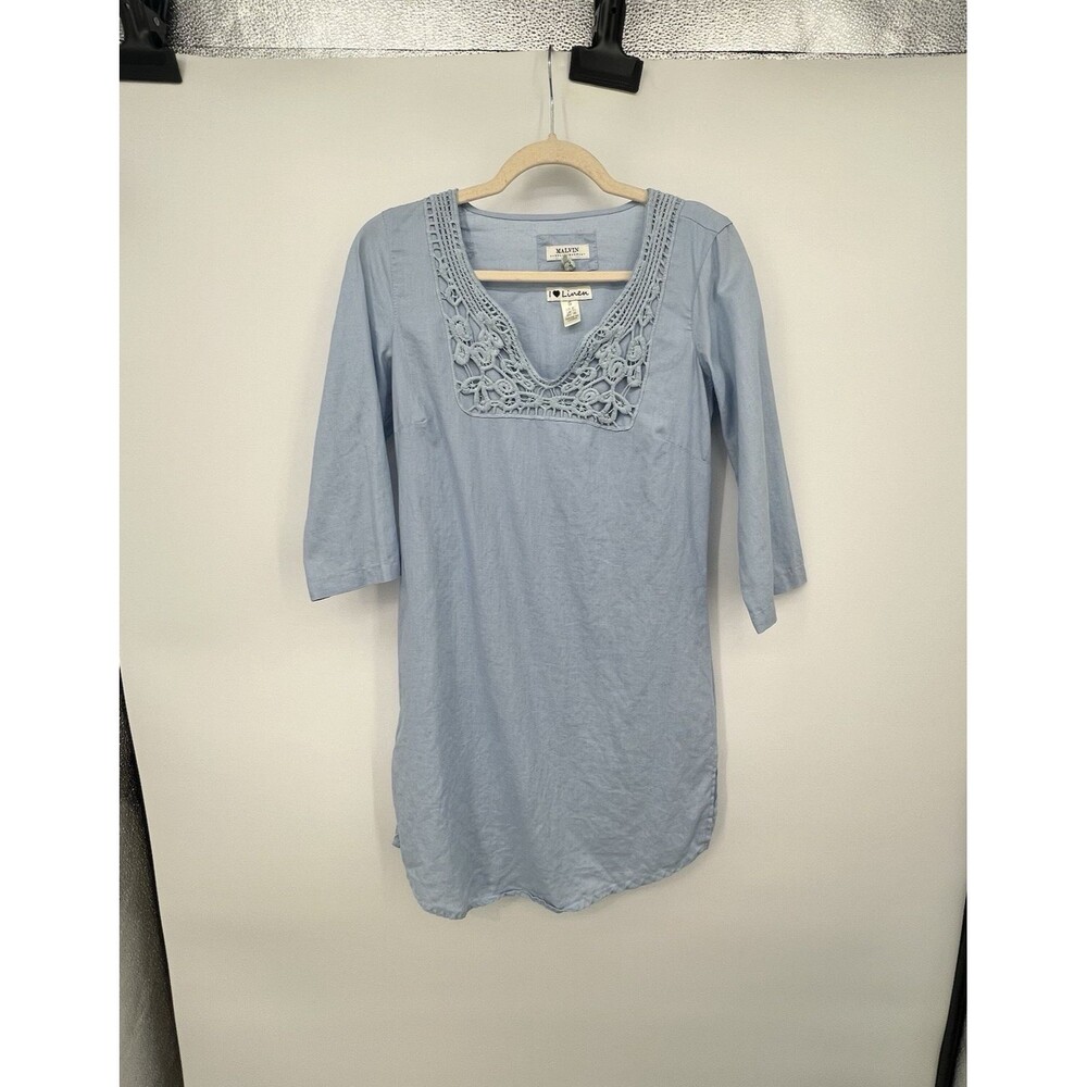 Malvin I love Linen Mini Dress Sz S Blue Crochet Trim Coastal Beachy Preppy Vaca